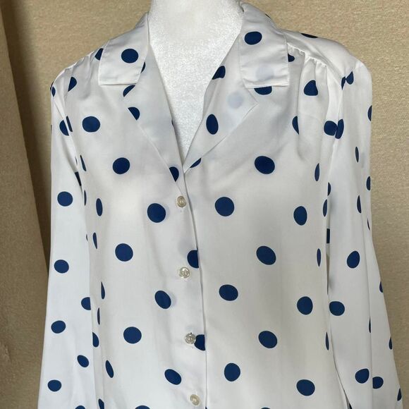 Retro White & Blue Women's Medium Polka Dot Blouse Semi Sheer Twee Vintage 80's - Picture 7 of 7